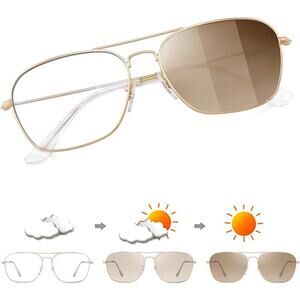 JM Aviator Mens Gold Square Photochronic Color Darkening Blue Light Glasses